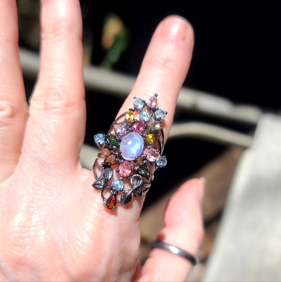 STUNNING NEW Moonstone Milti-Gem Ornate Sterling Finger cuff sz8.5 - Picture 3 of 8
